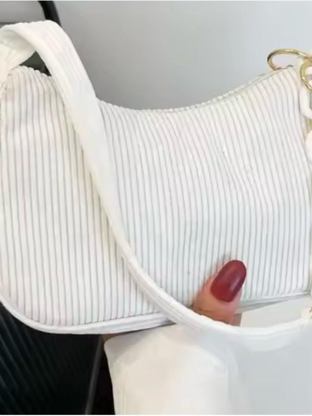 White Ribbed Shoulder Bag - Minimal Chic